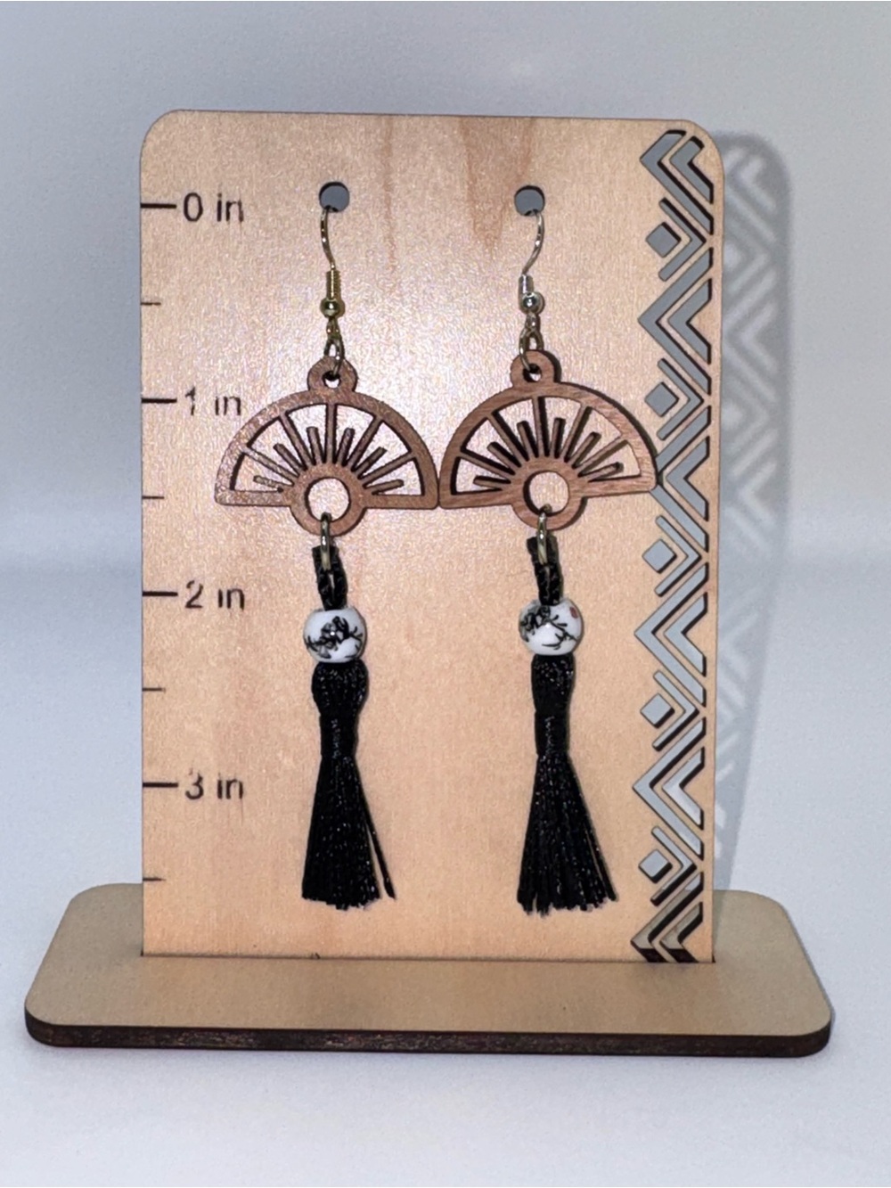 Wood Fan Drop Earrings with Black Tassels and Marbled Beads